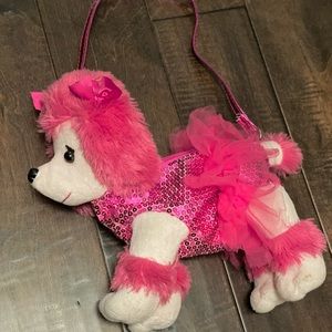 Pink poodle sequin stuffed animal purse bag
